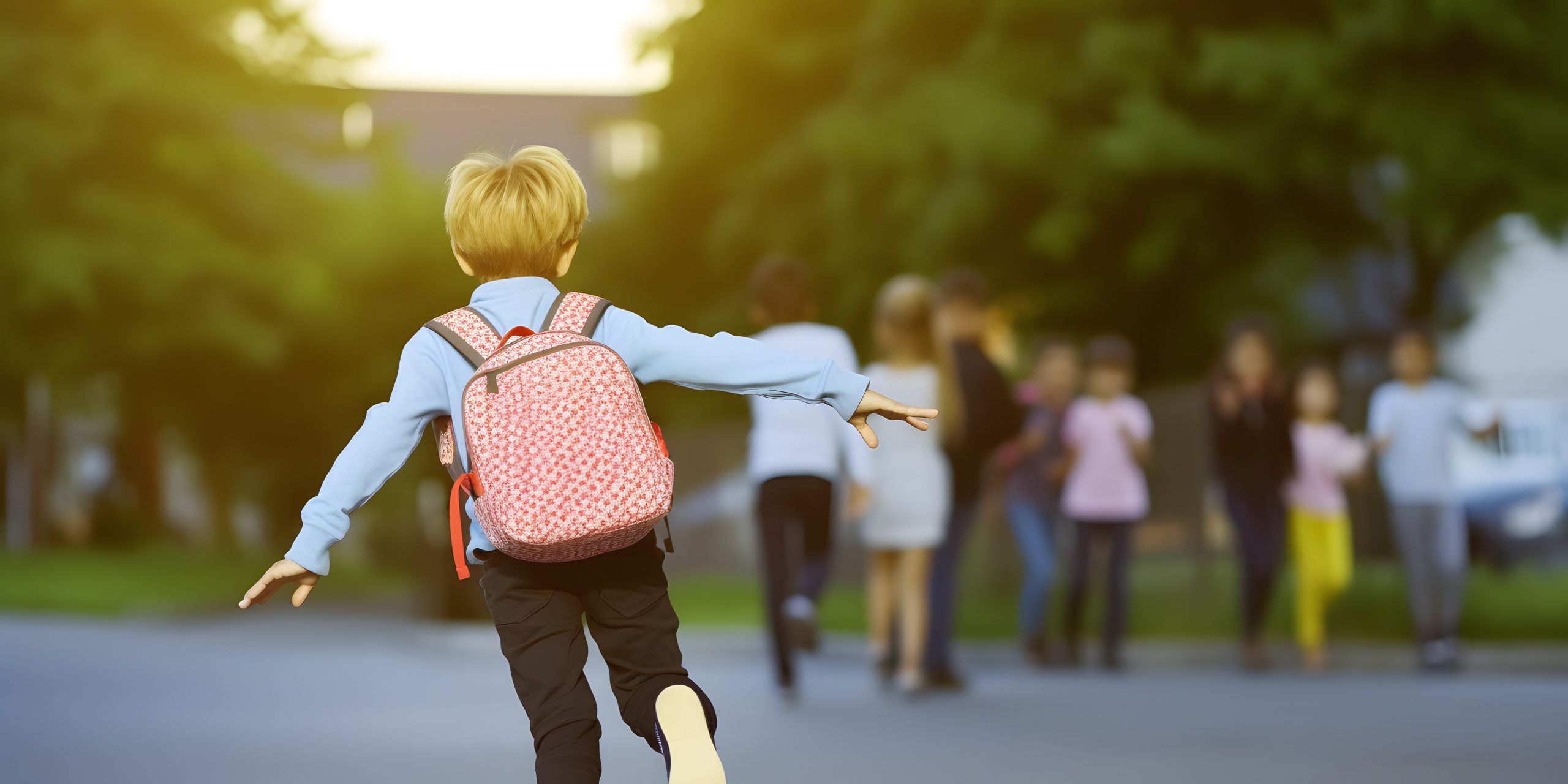 Petit garçon avec un sac à dos qui court vers ses camarades d'école
