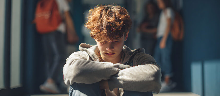 Jeune adolescent se faisant harceler dans les couloirs de son collège