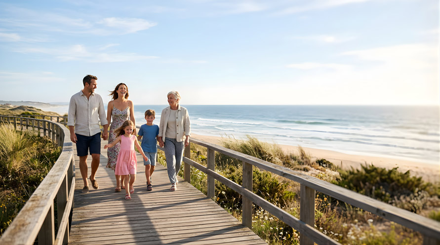 Famille qui se balade au bord de la mer